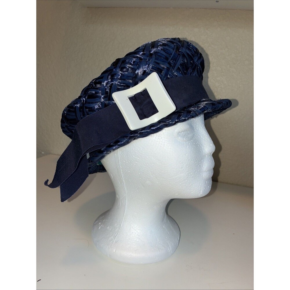 1950s Vintage Navy Blue Woven Rattan Hat Ribbon Trim White Buckle Union Made USA